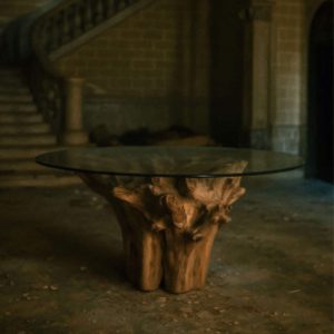 Mesa de comedor de raíz de teca con tablero redondo de cristal de 160 cm